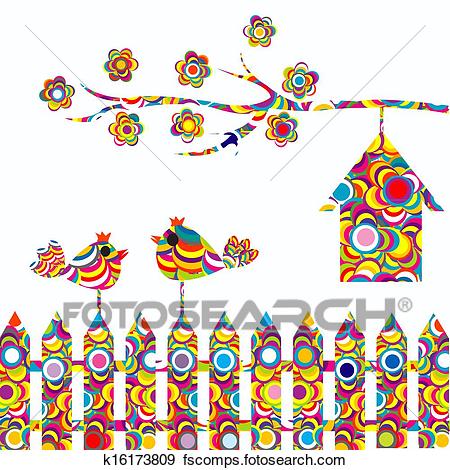 450x470 Clip Art Of Card With Two Birds On A Fence And Birdhouse K16173809