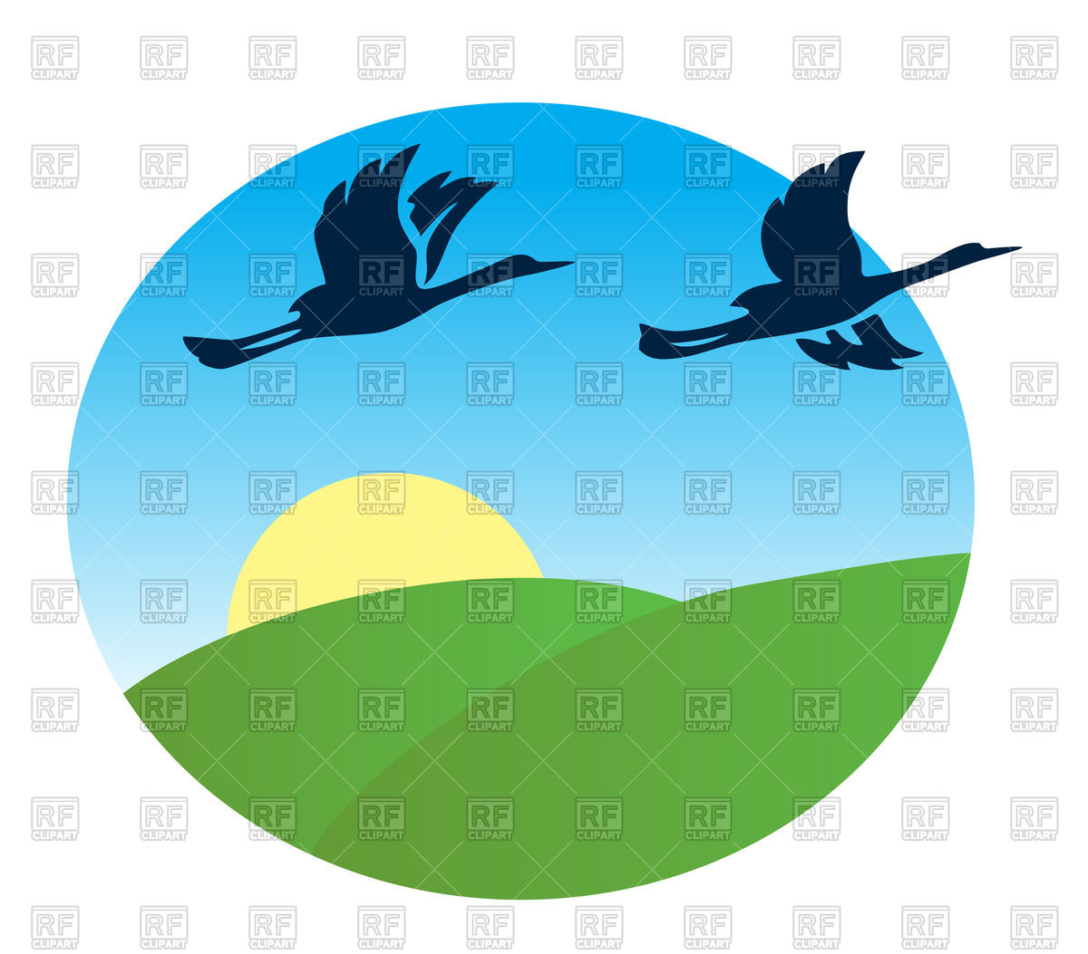 1200x1053 Flying Birds And Green Fields In Round Frame Royalty Free Vector