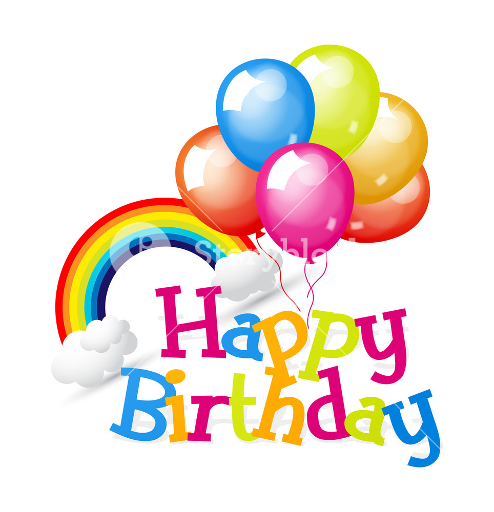 964x1000 Birthday Balloons With Rainbow And Clouds Royalty Free Stock Image