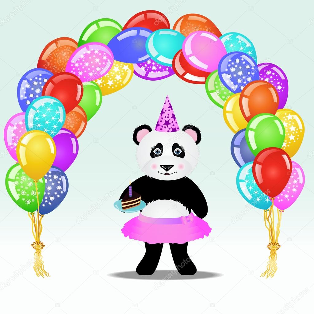 1024x1024 Cartoon Panda Girl In Party Hat With Birthday Cake Standing Under