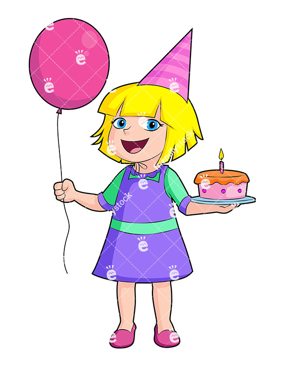 585x755 Happy Birthday Girl Holding Cake And Balloons Vector Clipart