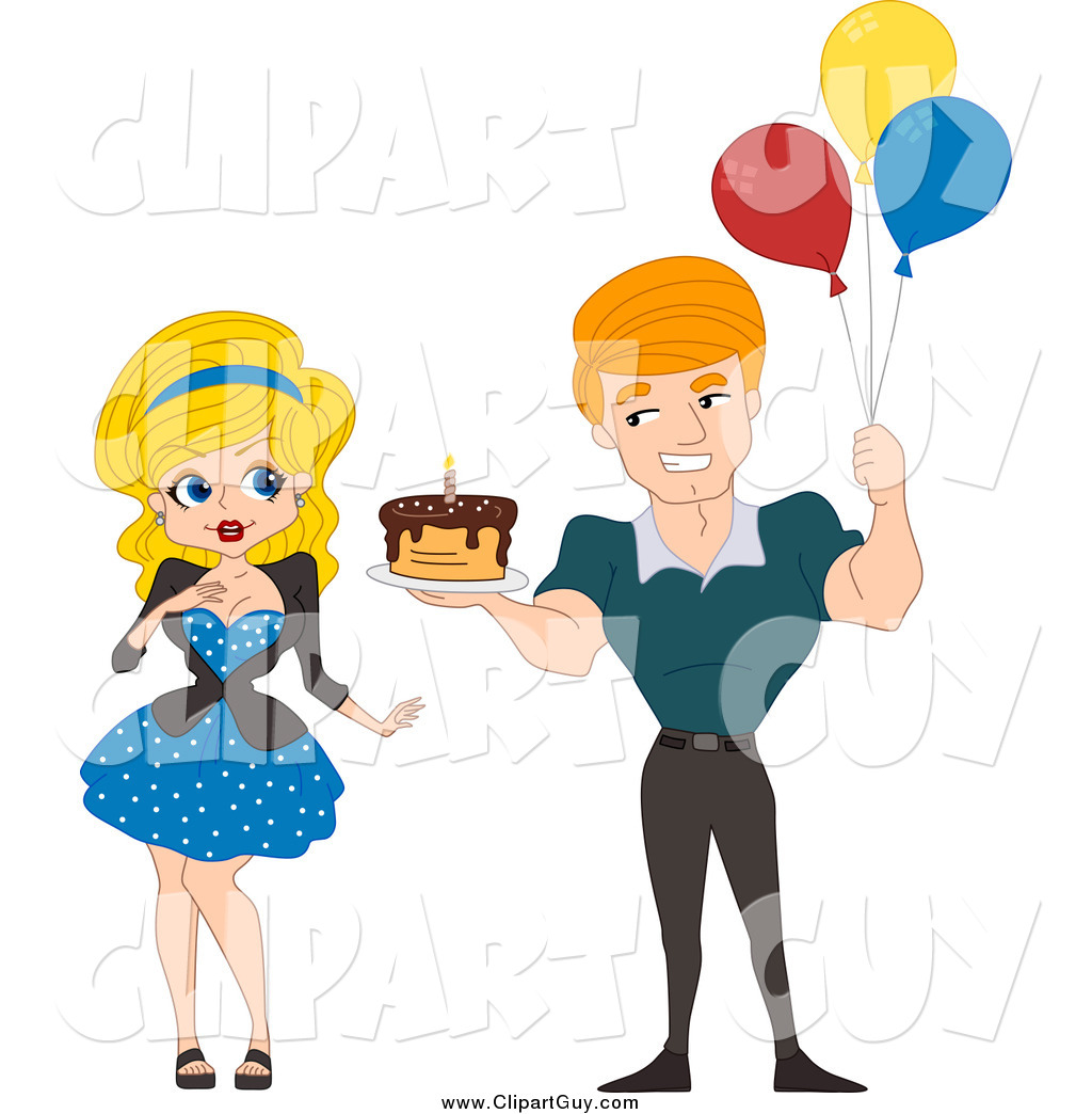 1024x1044 Clip Art Of A White Pinup Man Holding A Birthday Cake And Balloons