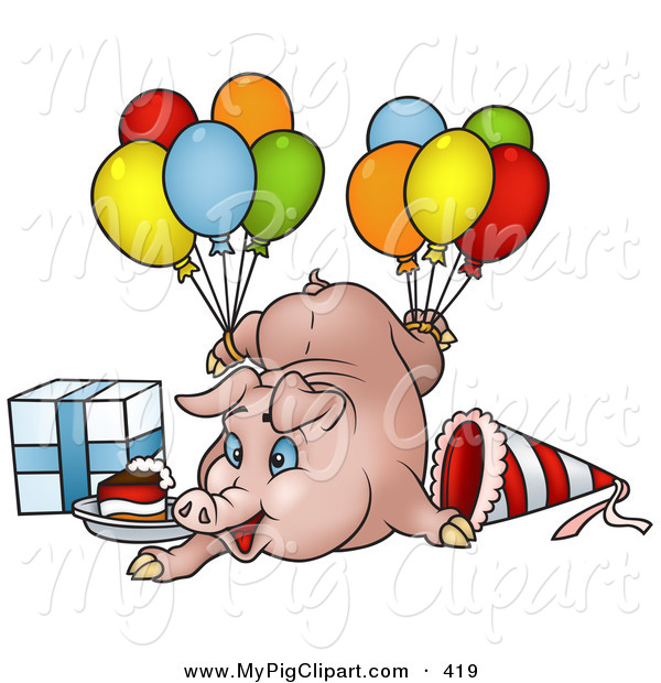600x620 Swine Clipart Of A Goofy Birthday Pig With Balloons, A Present
