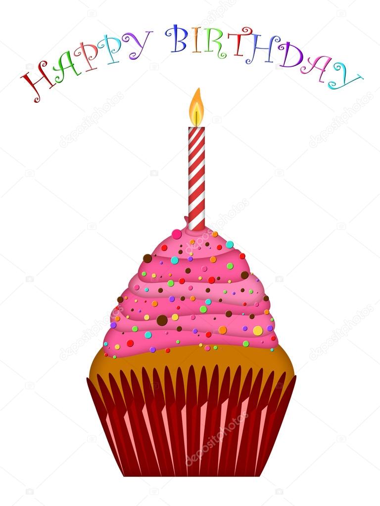 768x1024 Happy Birthday Cupcake With Pink Frosting And Candle Stock Photo
