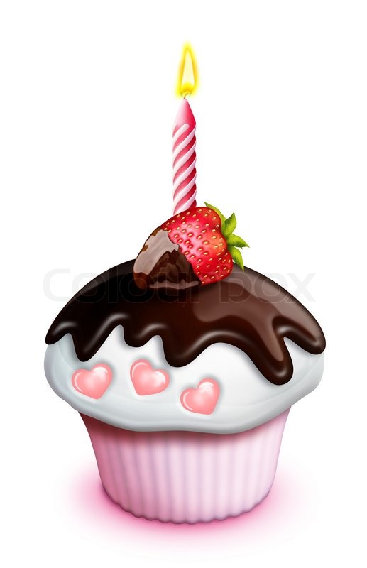 517x800 Illustrated Birthday Cupcake With Strawberry, Candle And Hearts