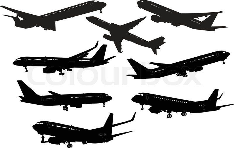 800x506 Airplane Black And White Silhouettes. Vector Illustration. Stock