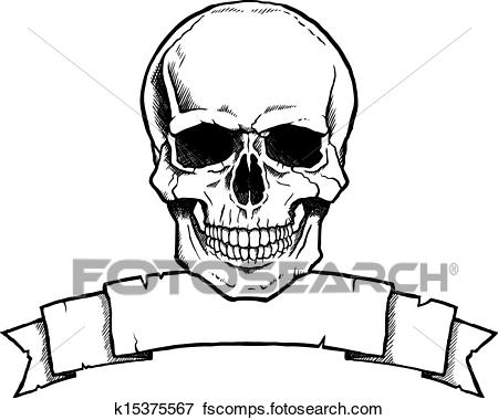 450x380 Clip Art Of Black And White Human Skull With Ribbon Banner
