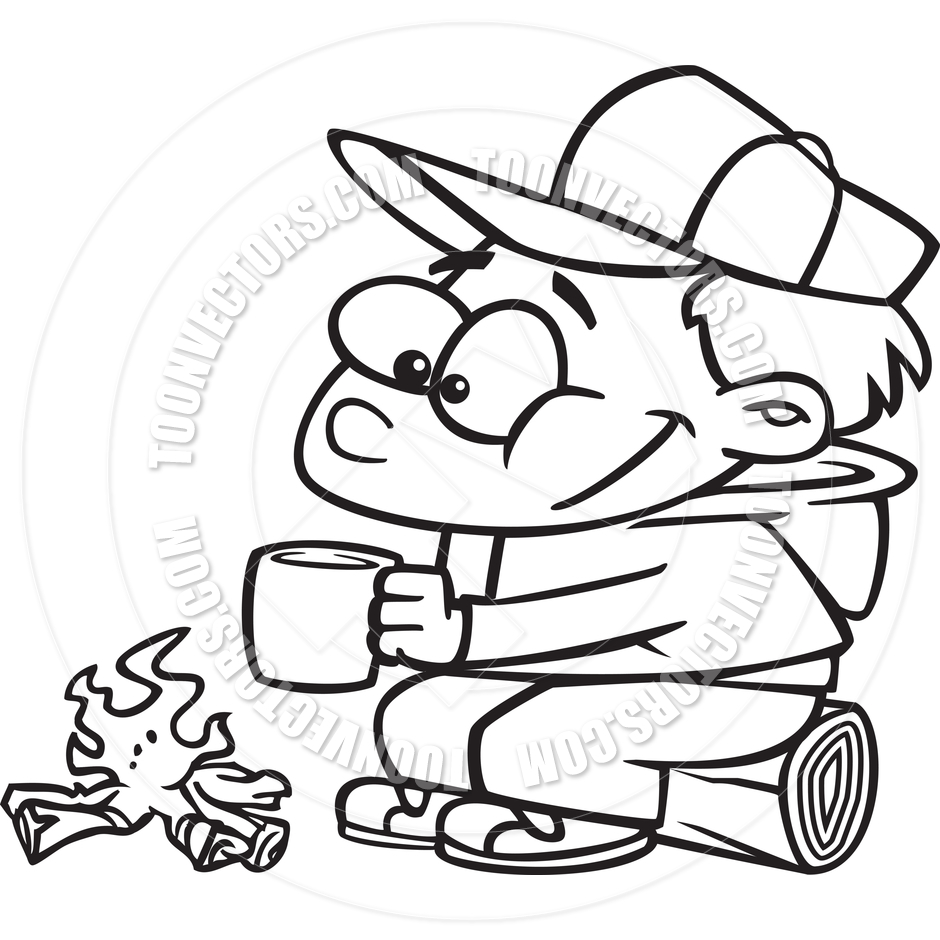 940x940 Cartoon Boy Camping (Black And White Line Art) By Ron Leishman