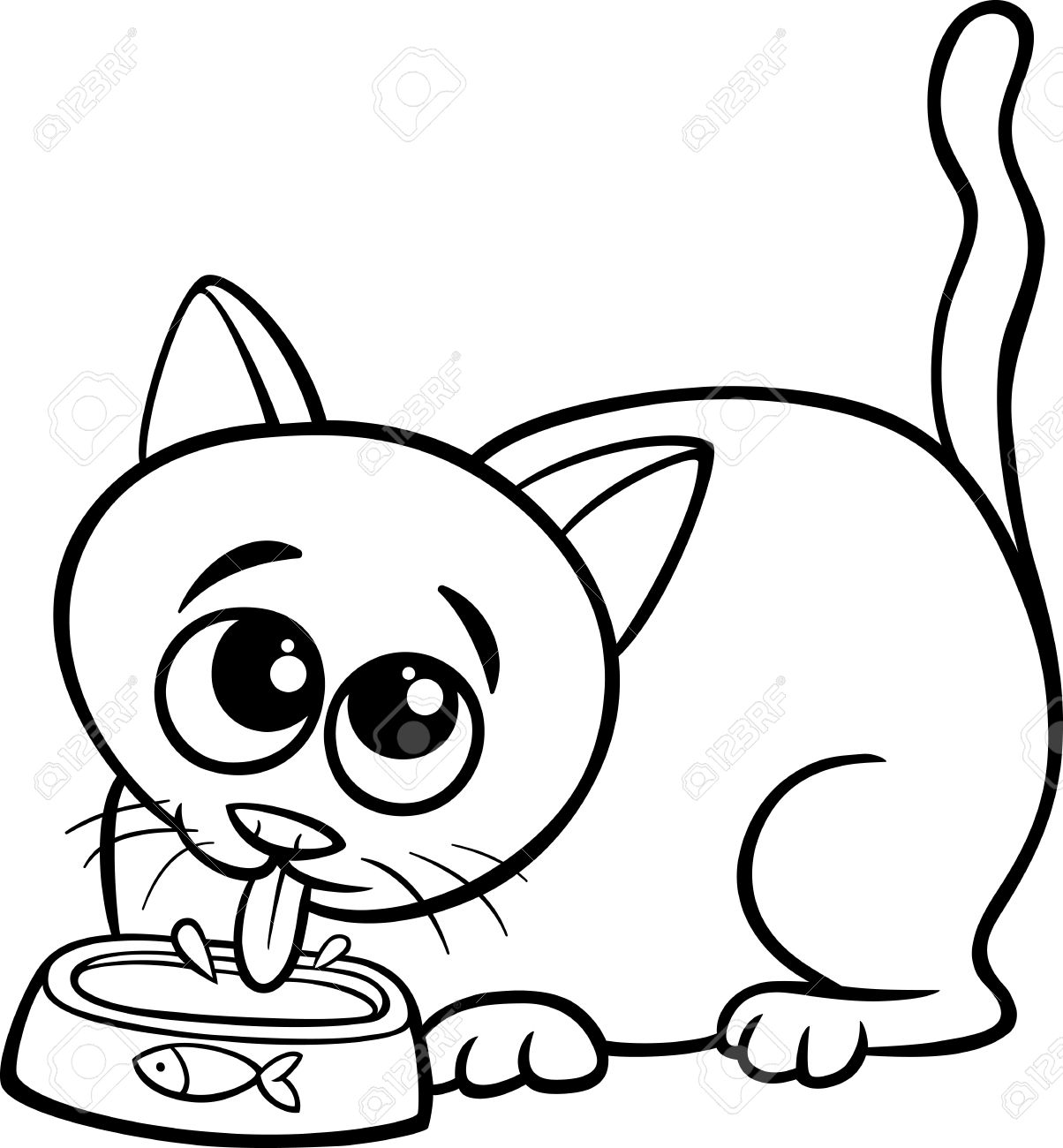 1204x1300 Black And White Cartoon Illustration Of Cute Cat Drinking Milk
