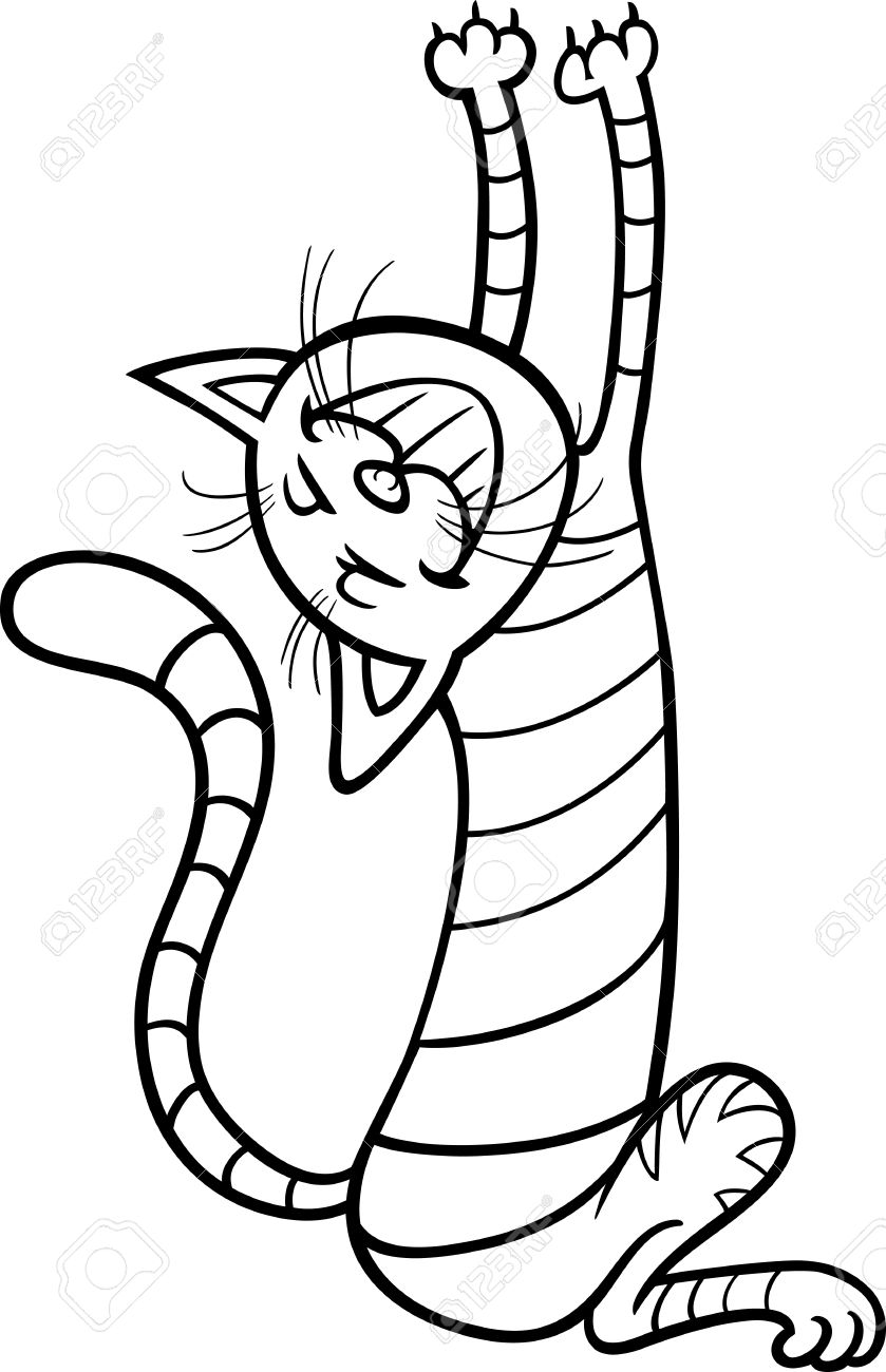 839x1300 Black And White Cartoon Illustration Of Funny Stretching Cat