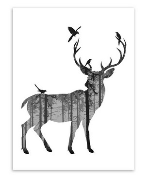 307x370 Nordic Vintage Black White Deer Head Animals Silhouette Big Art