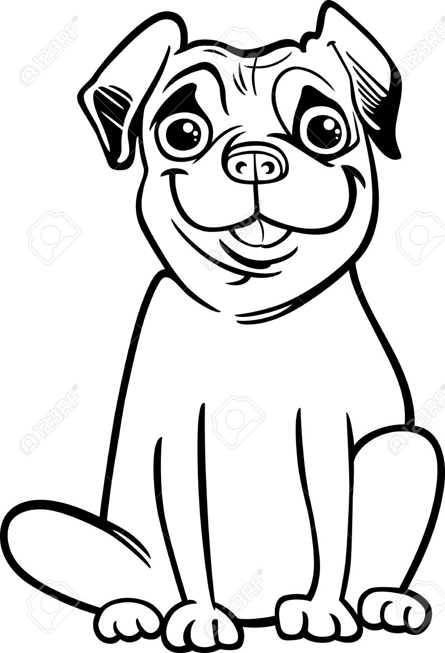 887x1300 Black And White Cartoon Illustration Of Cute Purebred Pug Dog