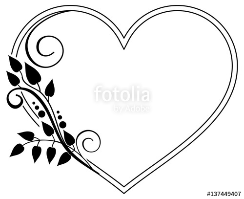 500x407 Heart Shaped Black And White Frame With Floral Silhouettes. Vector