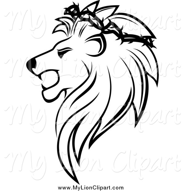 600x620 Clipart Of A Black And White Lion Head With A Thorny Wreath By