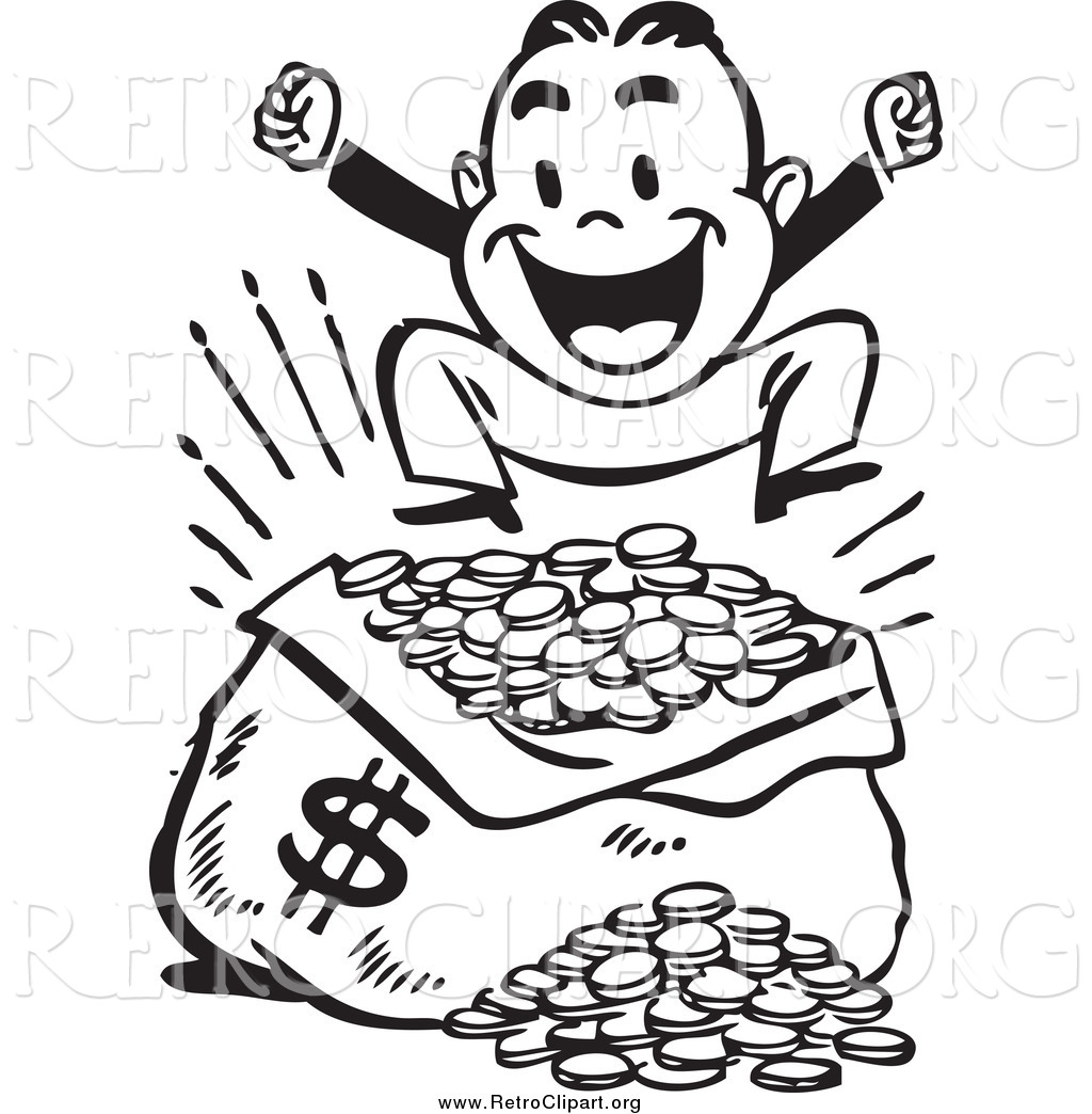 1024x1044 Clipart Of A Retro Black And White Happy Man Jumping Over A Sack