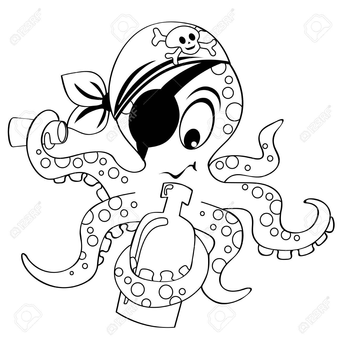 1300x1300 Cartoon Pirate Octopus With Bottle. Black And White Vector