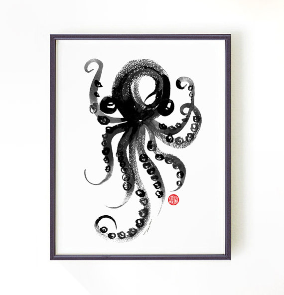 570x592 Octopus Watercolor Print Black And White Art Bathroom Decor