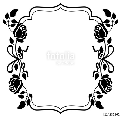 500x483 Black And White Frame With Roses Silhouettes. Vector Clip Art