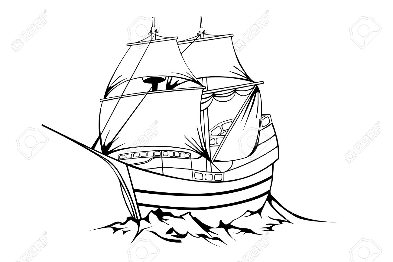 1300x866 Pirate Ship Line Drawing Black Sailboat On White Background
