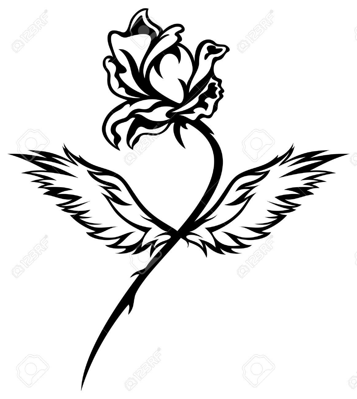 1163x1300 Romantic Winged Rose Black And White Vector Illustration Royalty