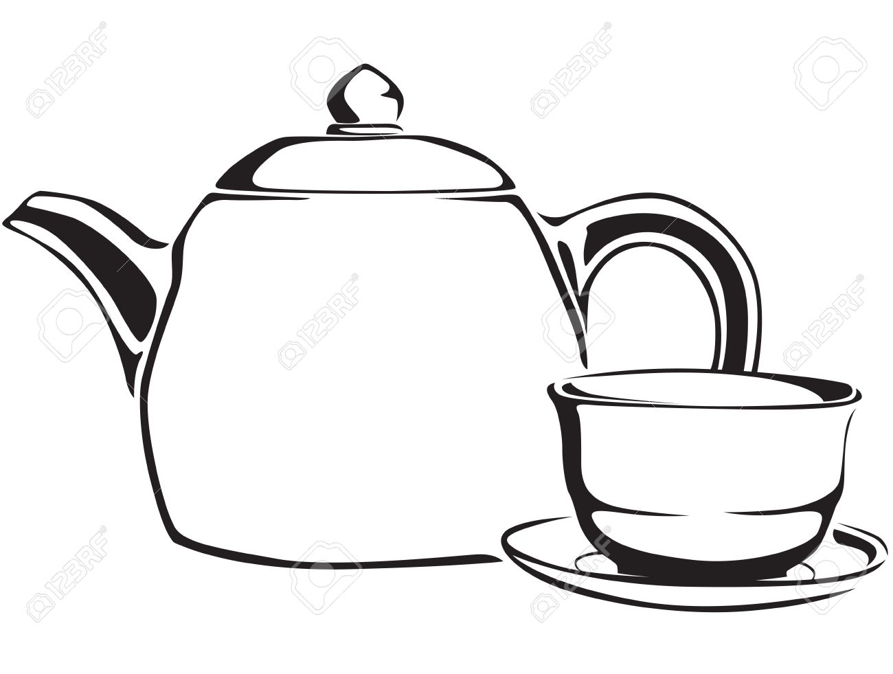 1300x981 Contour Black And White Teapot And Teacup Of Green Tea Royalty
