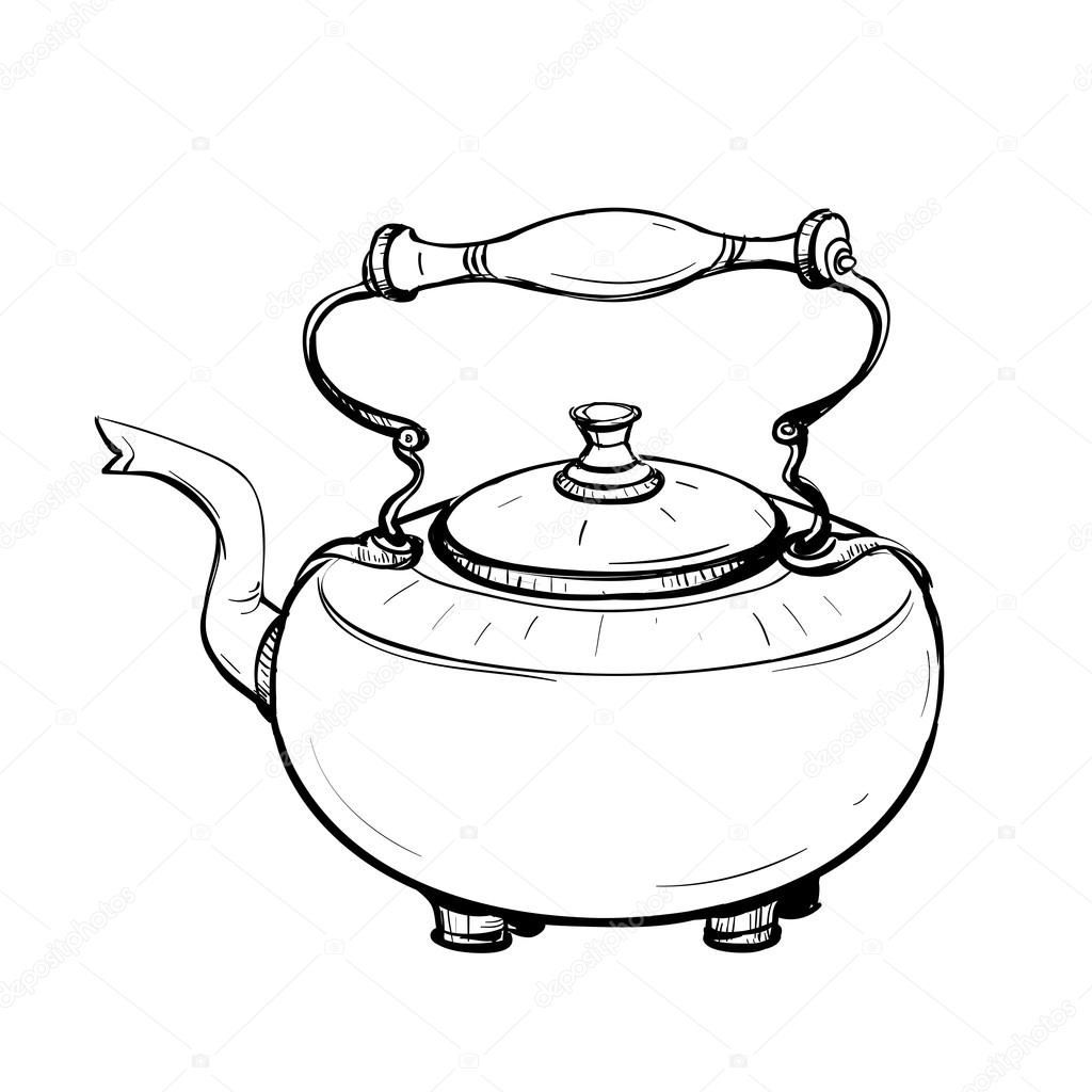 1024x1024 Black And White Sketch Of Stylized Retro Metal Teapot Stock