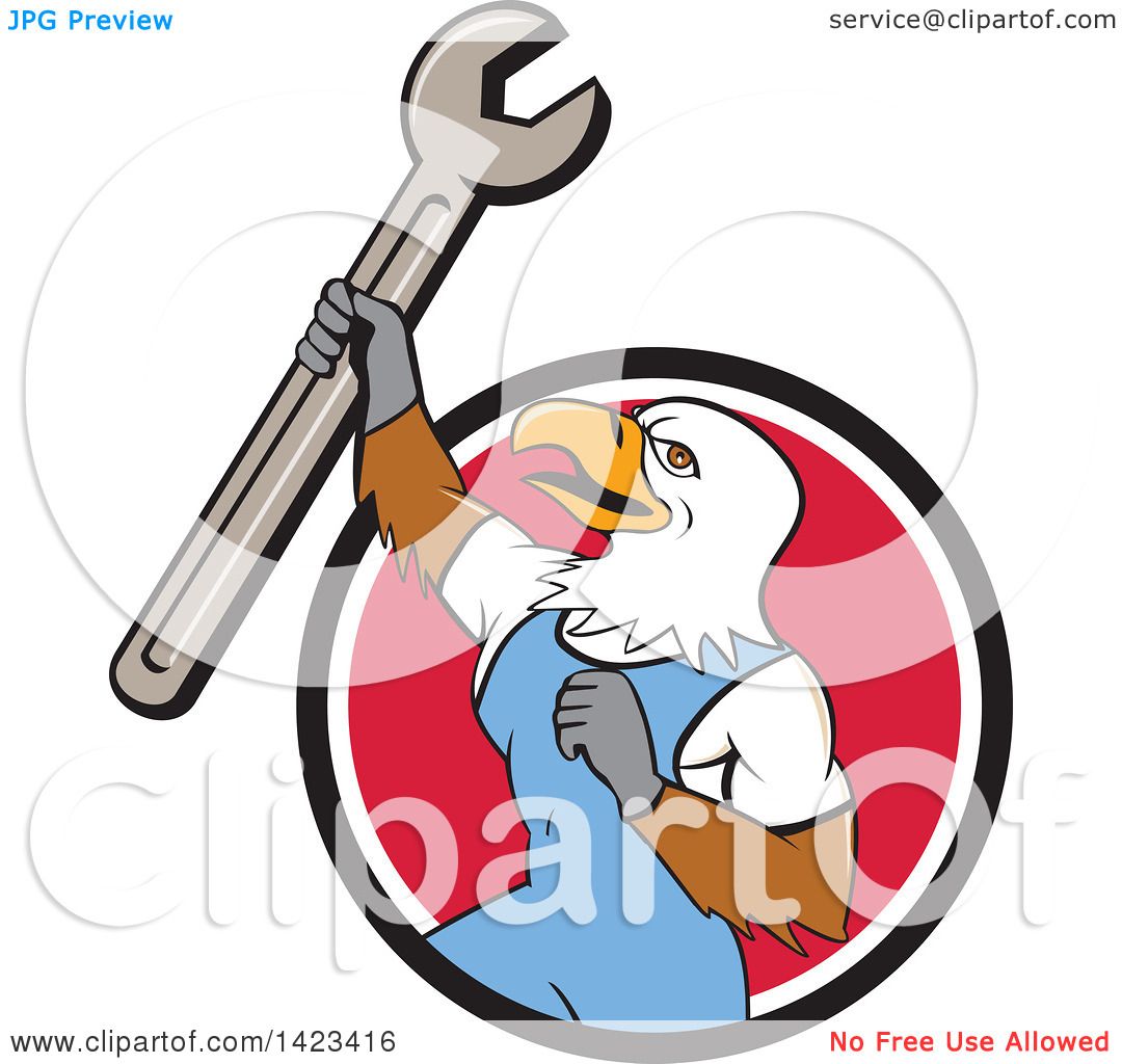 1080x1024 Clipart Of A Cartoon Bald Eagle Mechanic Man Holding Up A Spanner