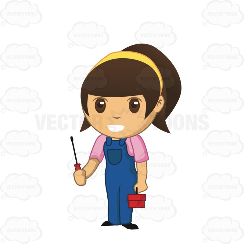 800x800 Female Mechanic Holding A Screwdriver And Tool Box Cartoon Clipart