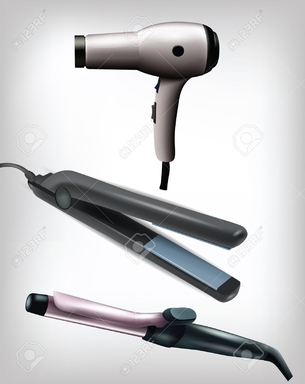 1034x1300 Collection Of Realistic Flat Iron, Curling Iron And Hair Dryer