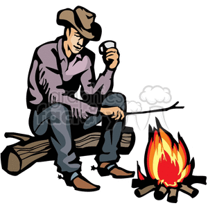 300x300 Royalty Free A Cowboy Sitting On A Log Holding A Drink And A Stick