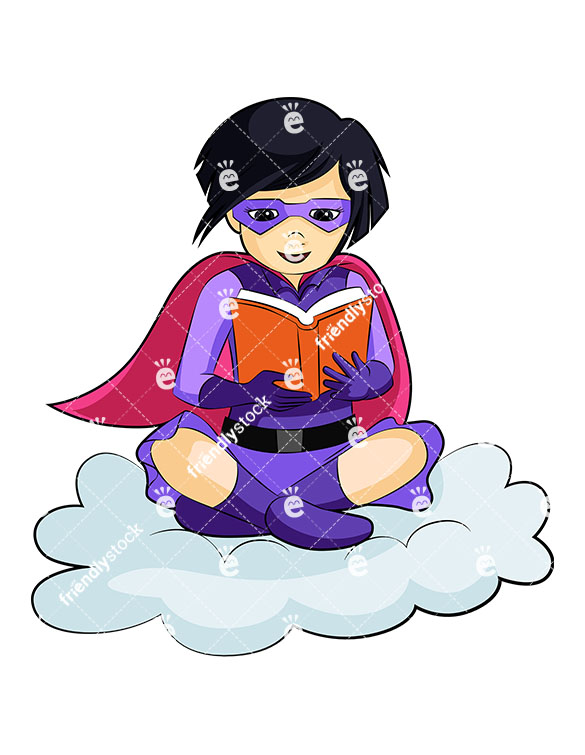 585x755 Asian Girl Super Heroine Reading A Book Cartoon Clipart