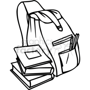300x300 Royalty Free Black And White Outline Of A Backpack And Books