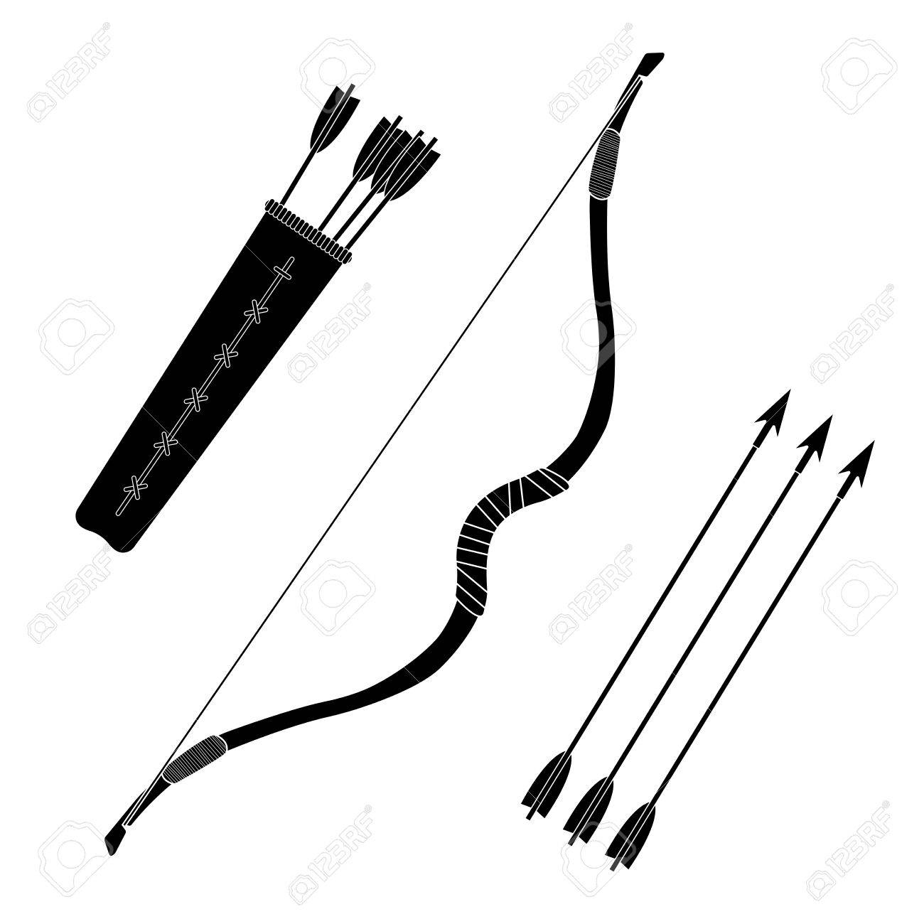 1300x1300 Medieval Archer Long Bow With Arrows And Quiver. Black Color