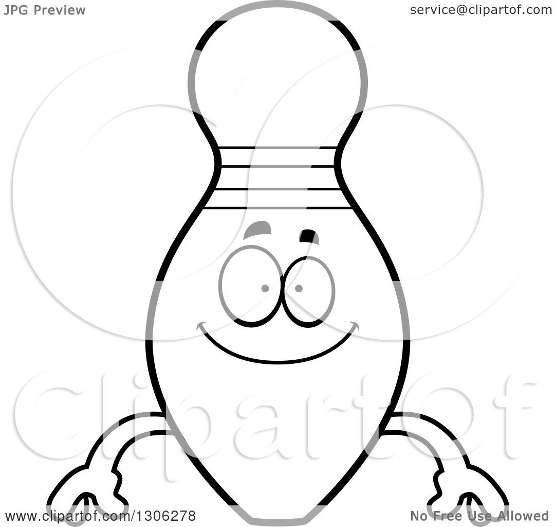 1080x1024 Lineart Clipart Of A Cartoon Black And White Happy Bowling Pin