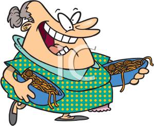 300x246 Old Woman With Two Bowls Of Spaghetti Clip Art Image