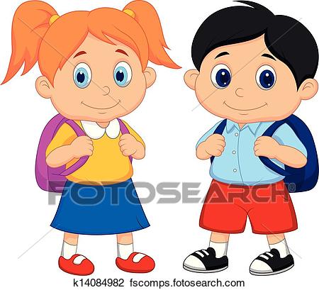450x409 Clipart Of Boy And Girl Cartoon With Backpacks K14084982