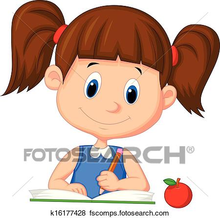 450x446 Clip Art Of Cute Cartoon Girl Writing On A Book K16177428