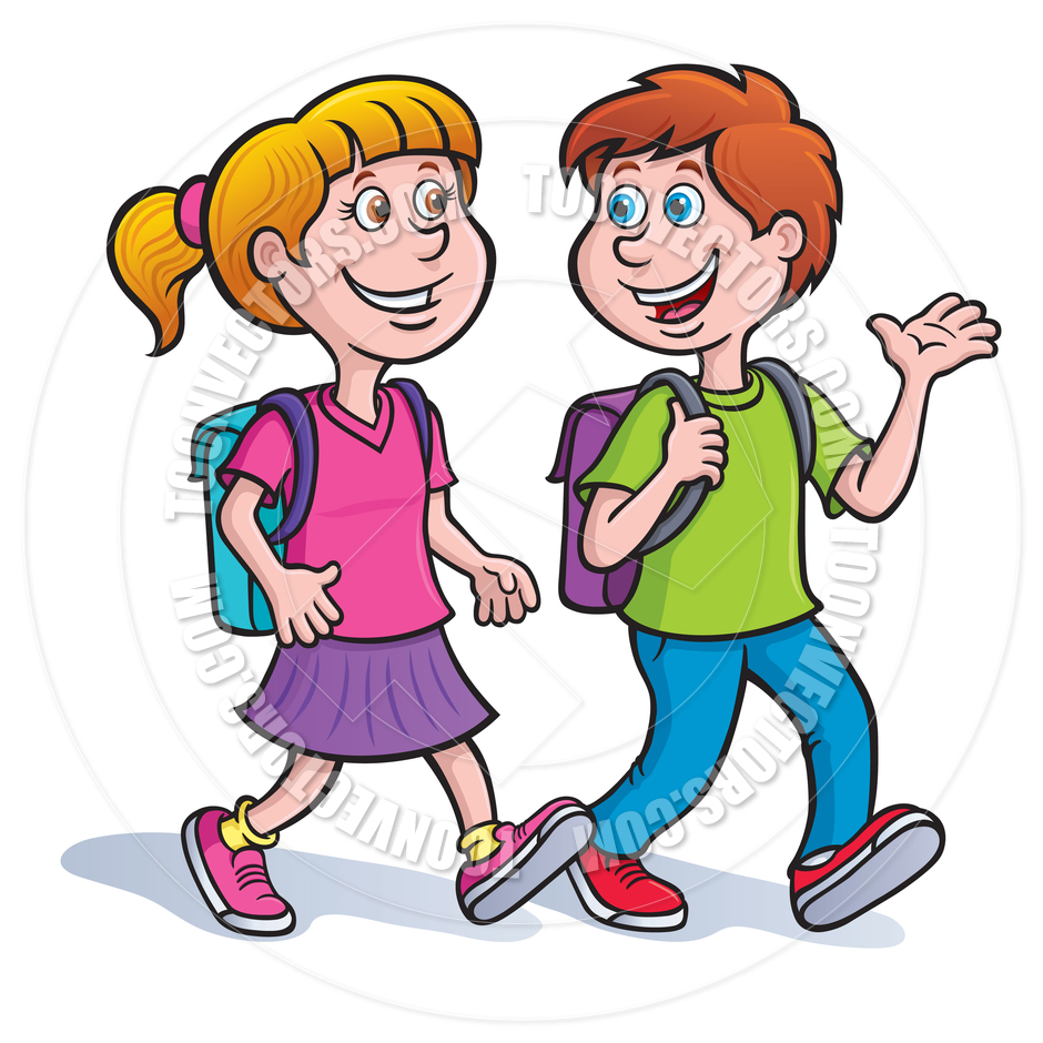 940x940 Boy And Girl Walking And Talking With Backpacks By Rod Savely Toon