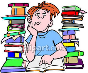 300x249 Boy Reading A Book Among Two Stacks Of Books Royalty Free Clipart