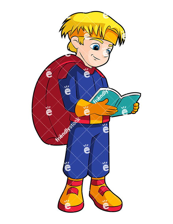 585x755 Little Boy Superhero Reading A Book Cartoon Vector Clipart