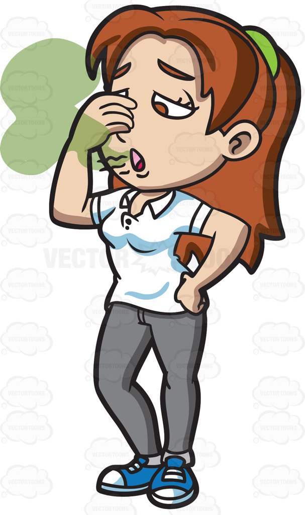 607x1024 A Woman Pinching Her Nose While Smelling Her Bad Breath Cartoon