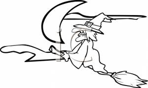 300x180 Black And White Cartoon Of A Wicked Witch Flying On Her Broom