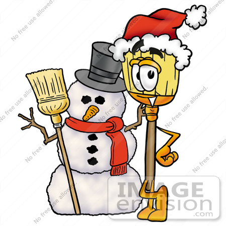 450x450 Clip Art Graphic Of A Straw Broom Cartoon Character With A Snowman