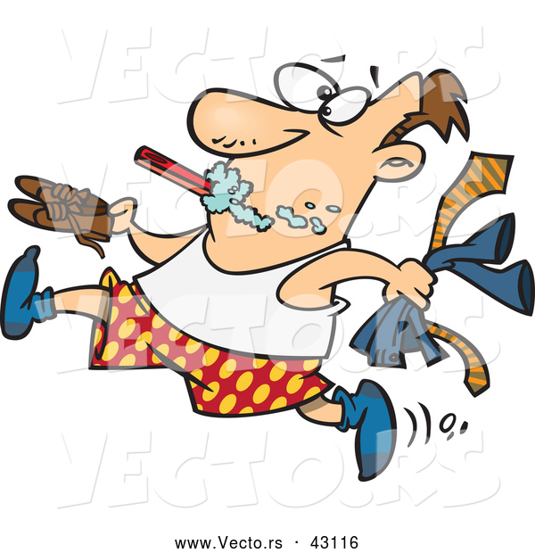 600x620 Vector Of A Rushed Cartoon Man Brushing His Teeth While Running