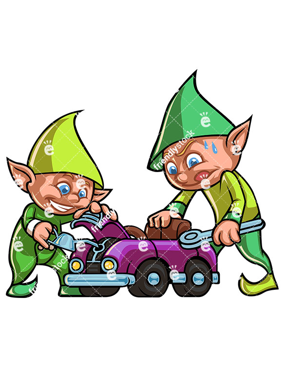 585x755 Two Christmas Elves Building A Car Toy Cartoon Vector Clipart