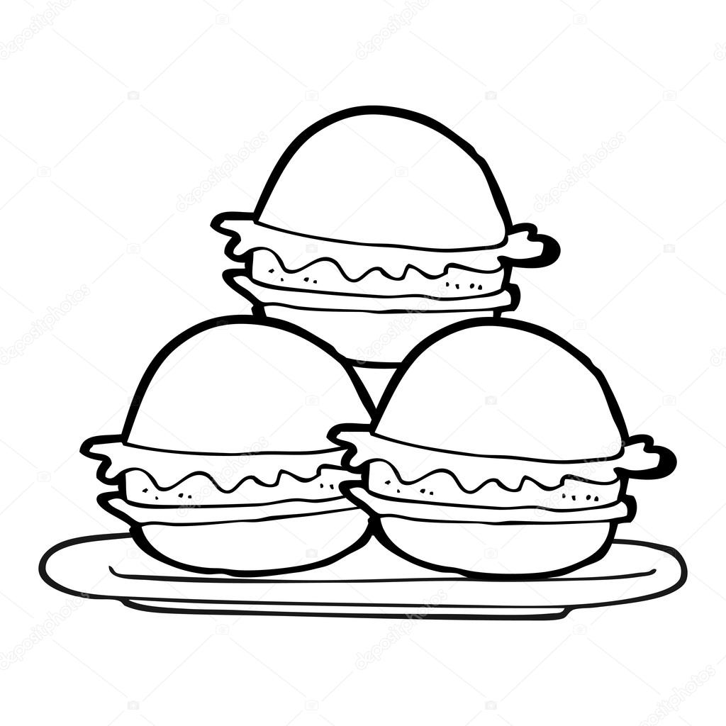 1024x1024 Black And White Cartoon Plate Of Burgers Stock Vector