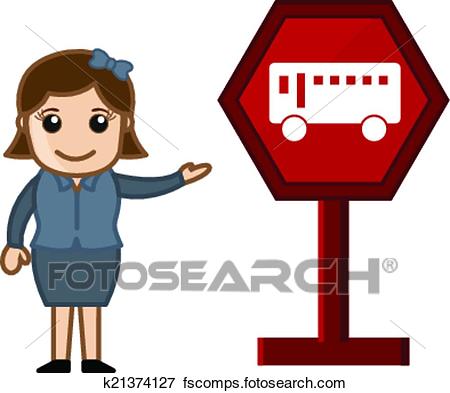 450x393 Clip Art Of Girl Presenting Bus Stop Signboard K21374127