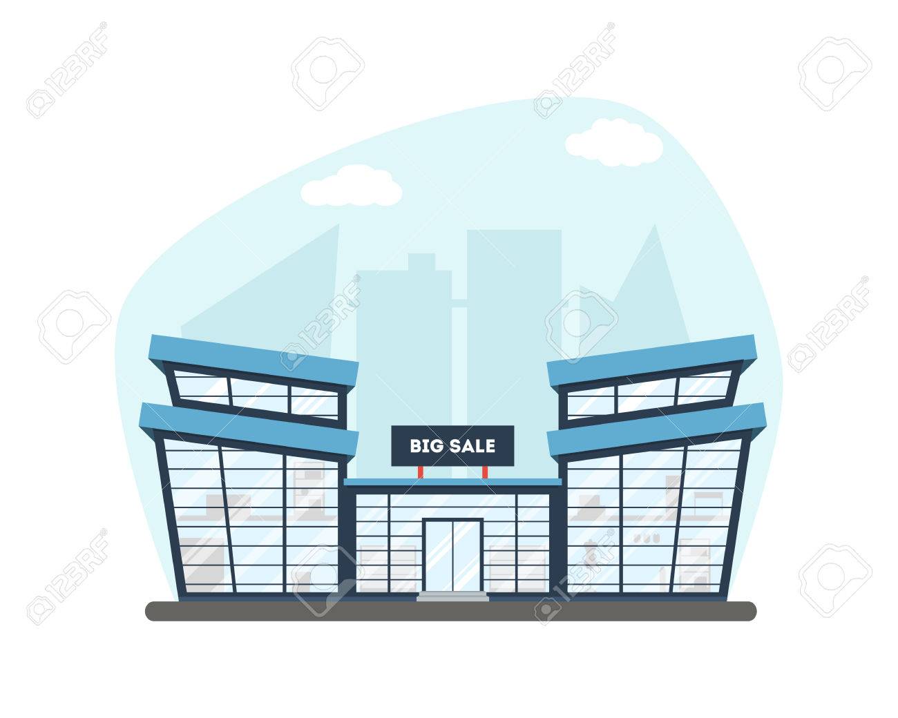1300x1040 Flat Supermarket. Shopping Mall Building On City Background
