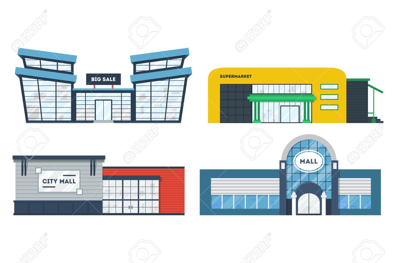 1300x865 Flat Supermarket. Shopping Mall Building. Set Of Colorful Funny