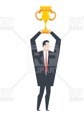 287x400 Business Winner. Businessman Holds Gold Cup. Royalty Free Vector
